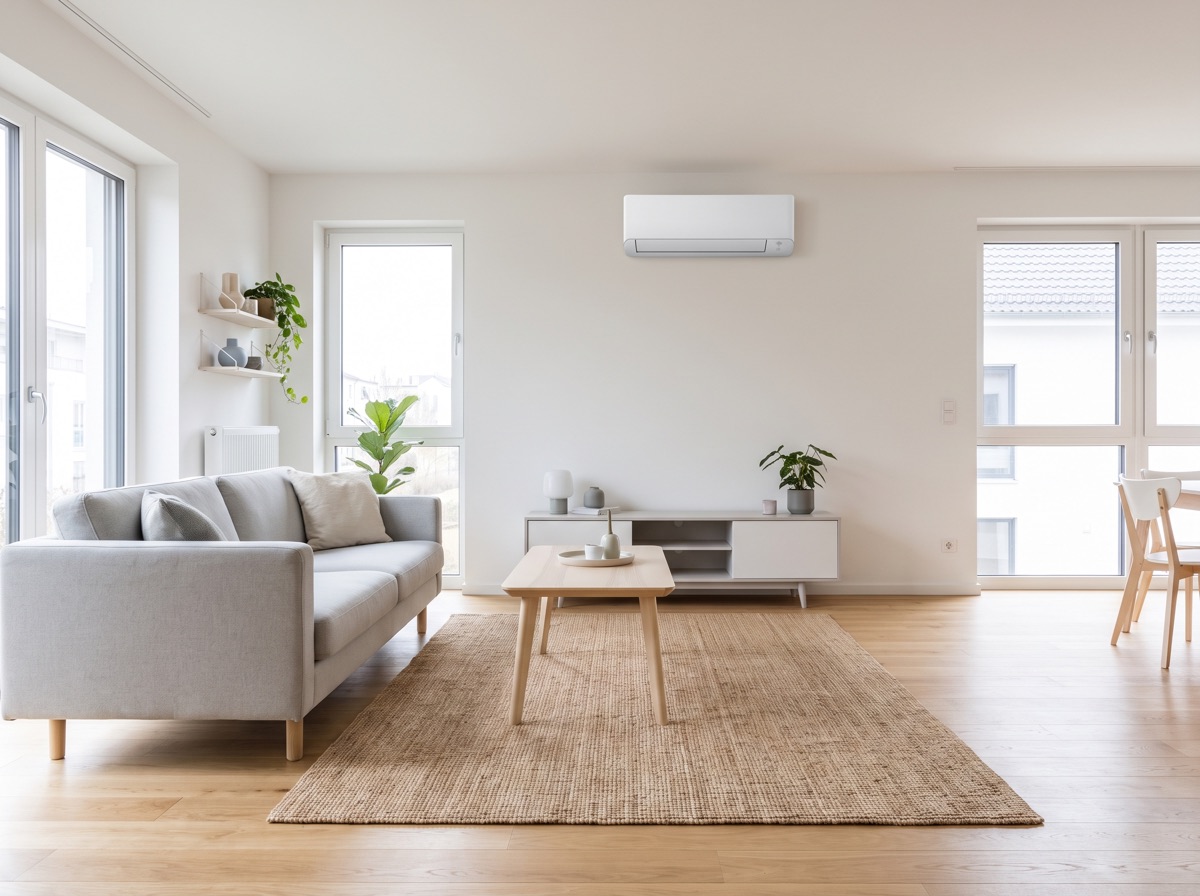Wandmontiertes Klimagerät in einem modernen Wohnzimmer